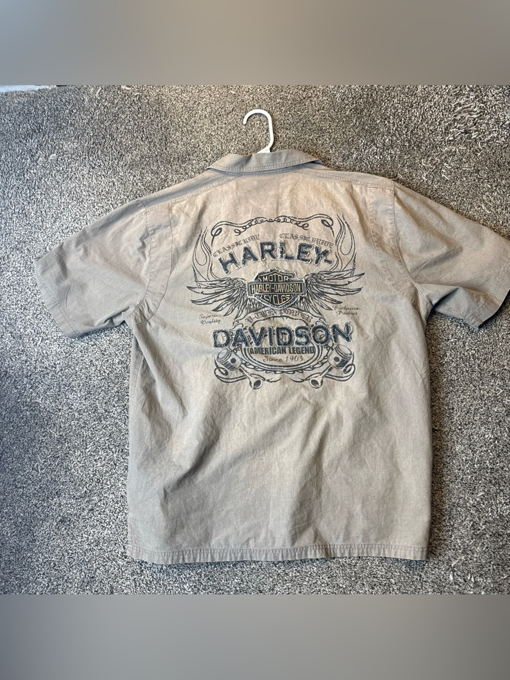 Harley-Davidson Embroidered Patch Button Up Shirt Tan Gray (L) Large READ